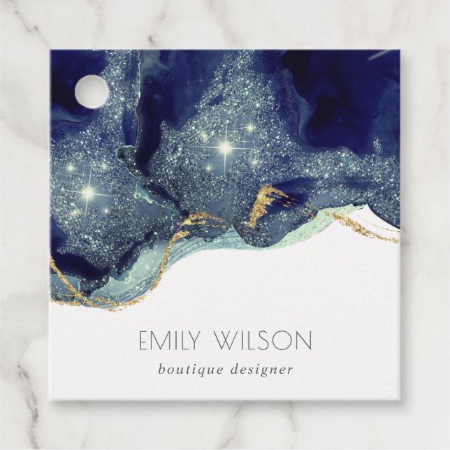 Abstrakt Alcohol Bläck Silver marinblå Glitter Gåvor Etiketter (Framsida)