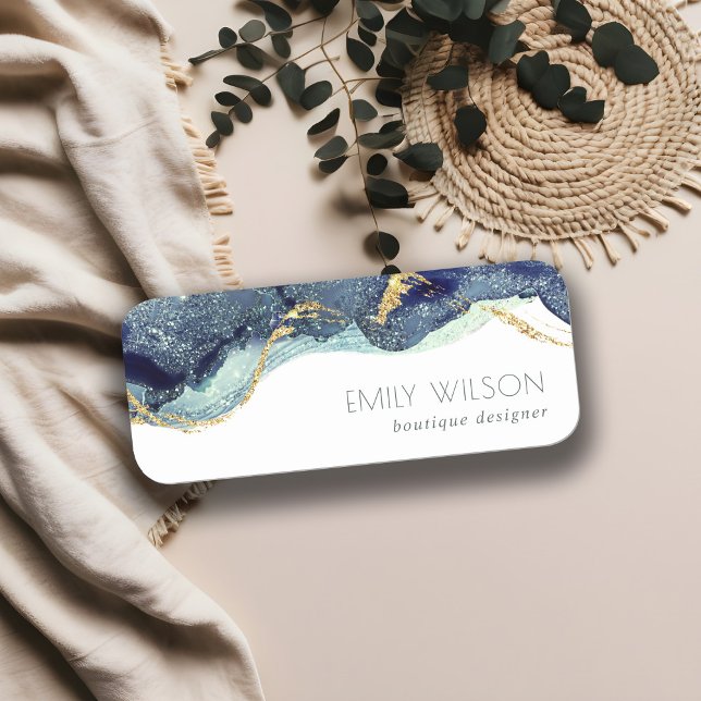 Abstrakt Alcohol Bläck Silver marinblå Glitter Namnbricka (Skapare uppladdad)