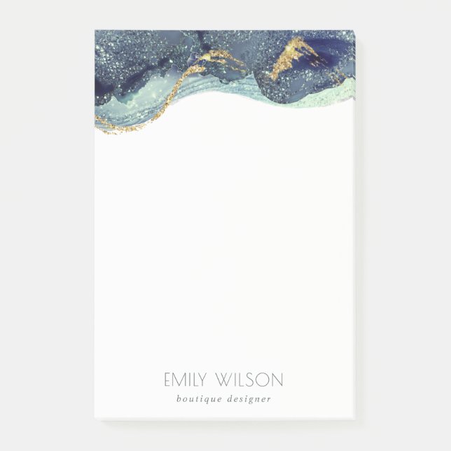 Abstrakt Alcohol Bläck Silver marinblå Glitter Post-it Block (Framsida)