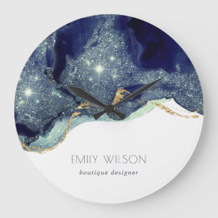 Abstrakt Alcohol Bläck Silver marinblå Glitter Stor Klocka