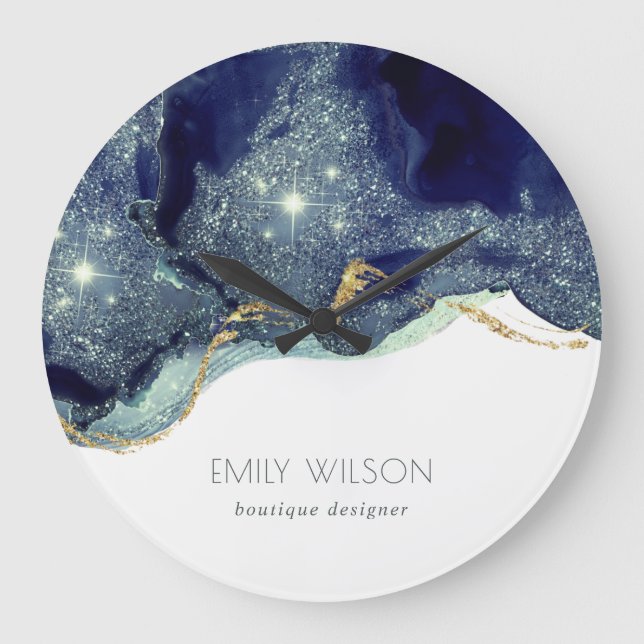 Abstrakt Alcohol Bläck Silver marinblå Glitter Stor Klocka (Framsida)