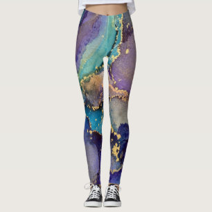 Abstrakt Alcohol Bläck Teal Lila Blue & Guld Leggings