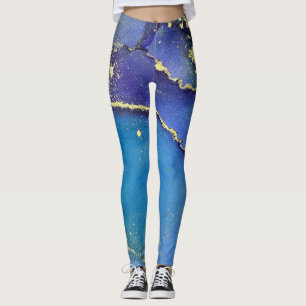 Abstrakt Alcohol Bläck Teal Lila Blue & Guld Leggings