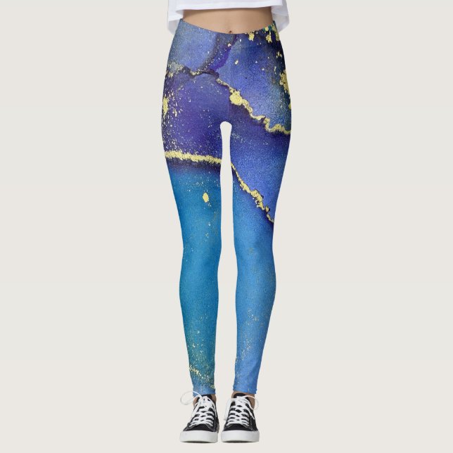 Abstrakt Alcohol Bläck Teal Lila Blue & Guld Leggings (Framsida)