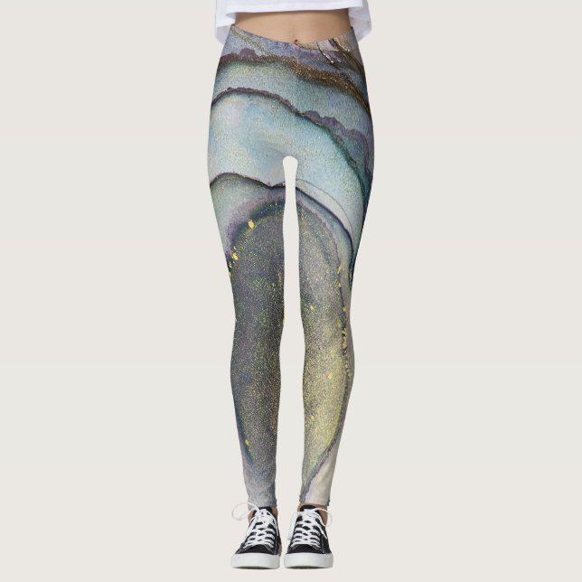 Abstrakt Alcohol Bläck Teal Lila Grått Guld Leggings (Framsida)
