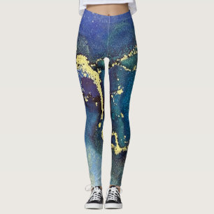 Abstrakt Alkohol Bläck Blue Guld Aqua Lila Leggings