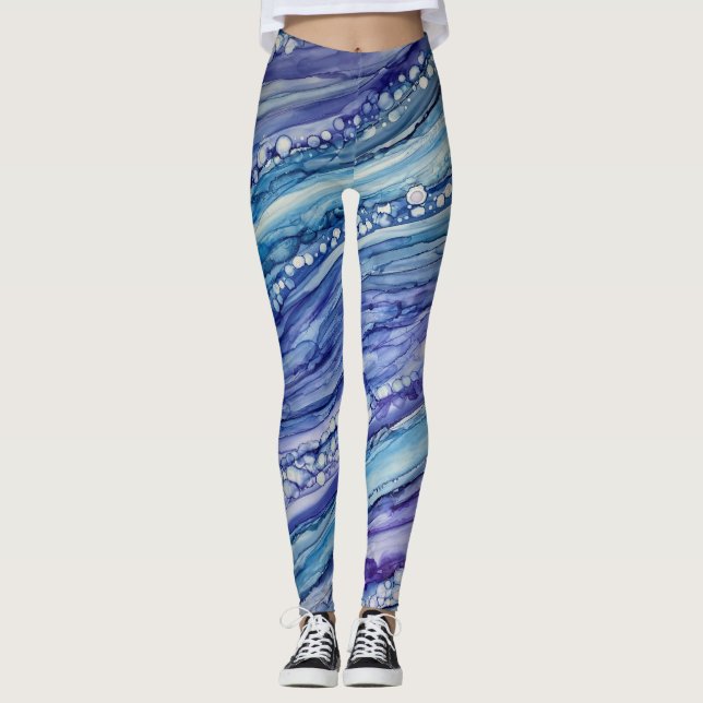 Abstrakt Alkohol Bläck Vätskerega Art Blue Lila Leggings (Framsida)