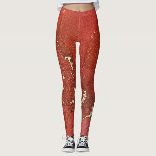 Abstrakt alkoholbläckskonst Ljust röd och guld Leggings