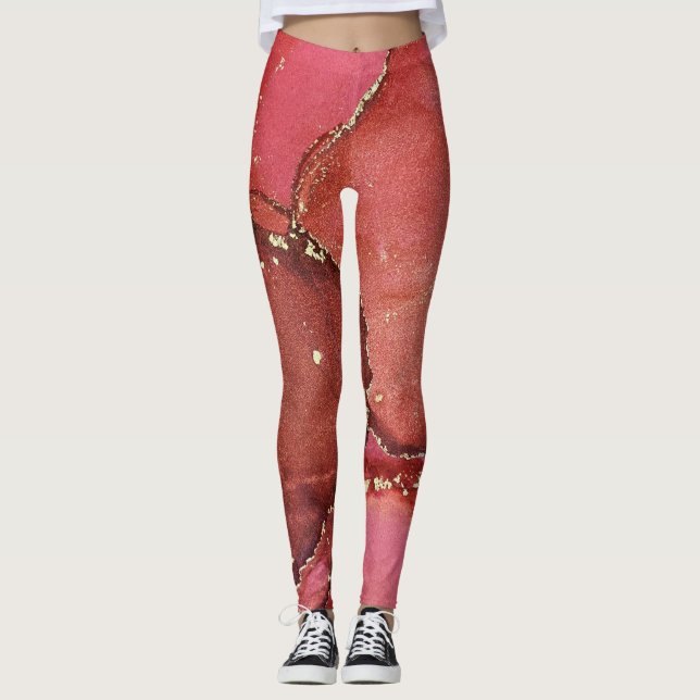 Abstrakt alkoholbläckskonst Ljust röd och guld Leggings (Framsida)