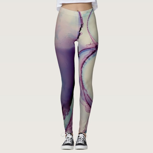 Abstrakt alkoholbläckskonst rosa lila blå vit leggings (Framsida)