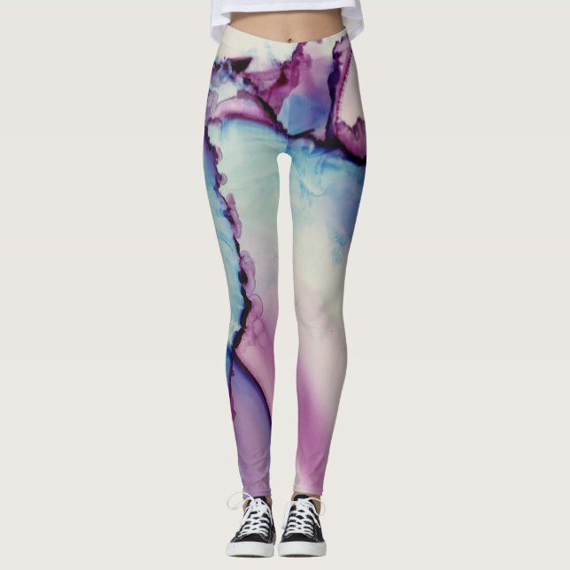 Abstrakt alkoholbläckskonst rosa lila blå vit leggings (Framsida)