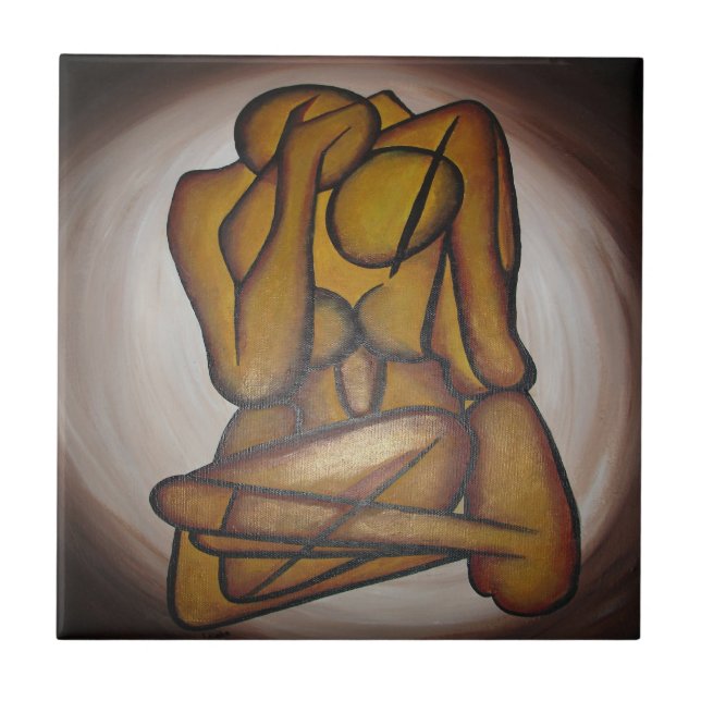 Abstrakt Älskare Contemporary Art i Ochre och Brow Kakelplatta (Framsidan)