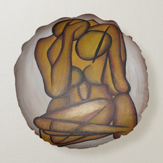 Abstrakt Älskare Contemporary Art i Ochre och Brow Rund Kudde (Baksidan)