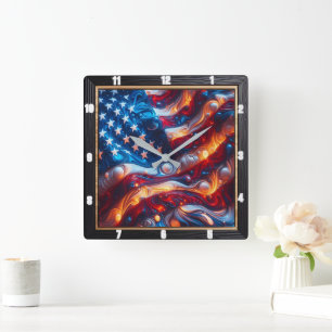 Abstrakt American Flagga Modern Fyrkantig Klocka