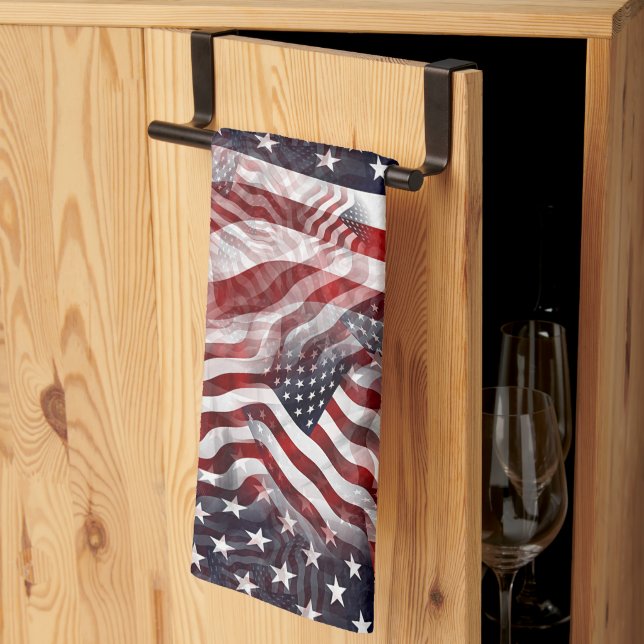Abstrakt amerikansk röd vit blå flaggmotiv kökshandduk (Thirds Fold)