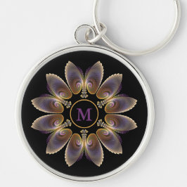 Abstrakt Angel Vingar Mandala Fractal Monogram Rund Silverfärgad Nyckelring