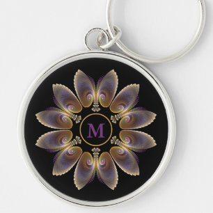 Abstrakt Angel Vingar Mandala Fractal Monogram Rund Silverfärgad Nyckelring