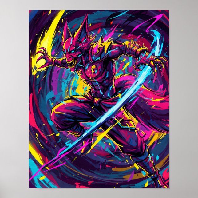 Abstrakt Anime: Neon Kitsune Warrior Poster (Framsidan)