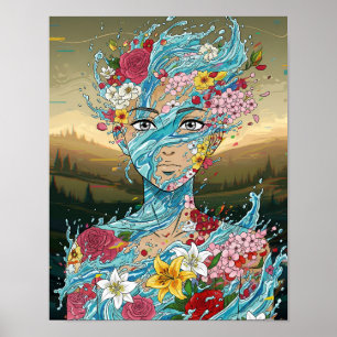 Abstrakt Anime: Vatten Spirit med Blommigt Bloom Poster