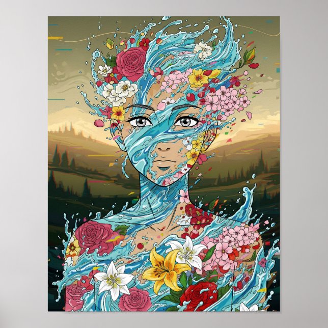Abstrakt Anime: Vatten Spirit med Blommigt Bloom Poster (Framsidan)
