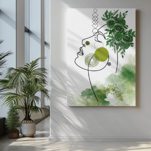 Abstrakt ansikte art med krona av blommor av grönt canvastryck