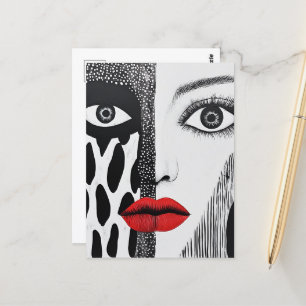 Abstrakt Ansikte Black White Red Vykort