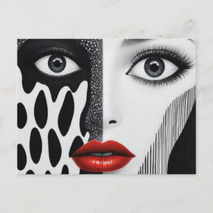 Abstrakt Ansikte Black White Red Vykort