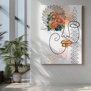 Abstrakt ansikte linjekonst med orange blomma läpp canvastryck