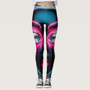 Abstrakt ansikte Stora ögon Röda läppar Neon Legin Leggings