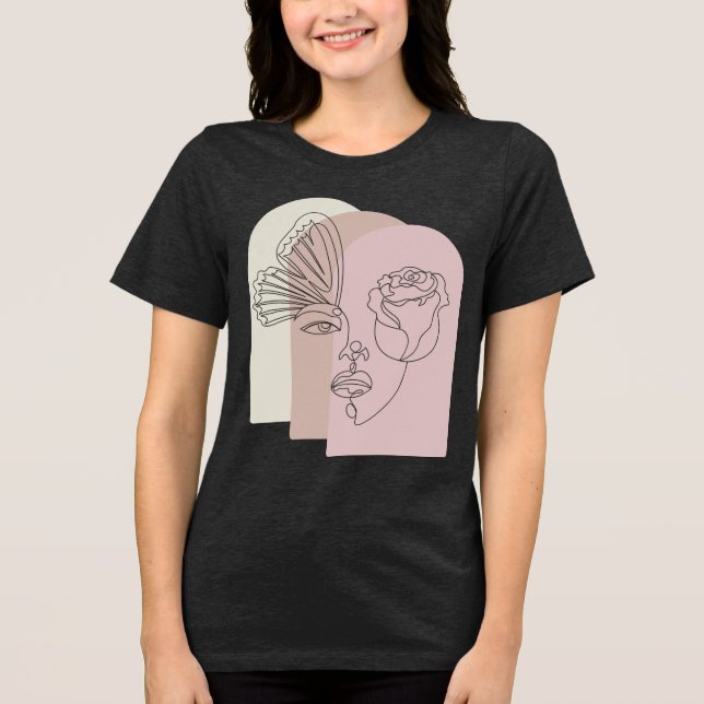 Abstrakt ansiktskonst T-shirt med ros och fjäril – (Framsida)