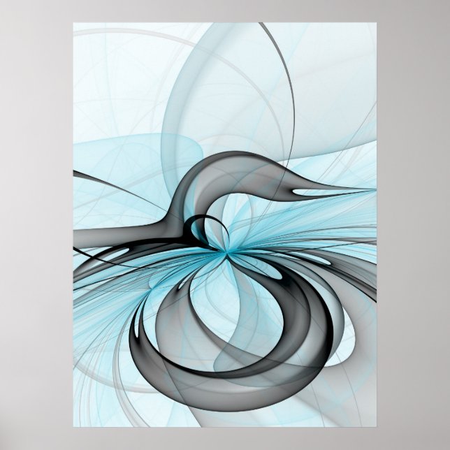 Abstrakt Antracite Grått Blue Modern Fractal Art Poster (Framsidan)