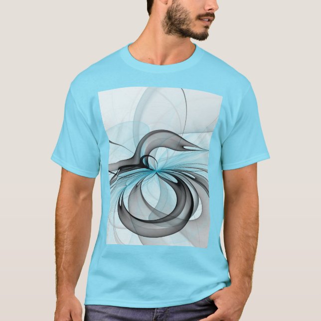 Abstrakt Antracite Grått Blue Modern Fractal Art T Shirt (Framsida)