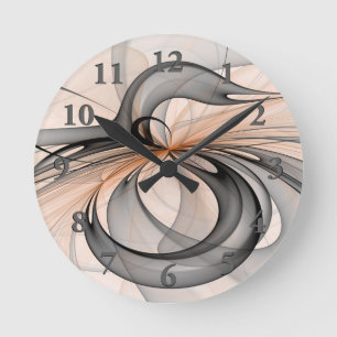 Abstrakt Antracite Grått Sienna Modern Fractal Art Rund Klocka