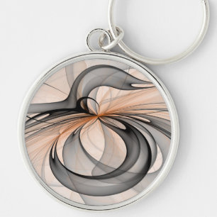 Abstrakt Antracite Grått Sienna Modern Fractal Art Rund Silverfärgad Nyckelring