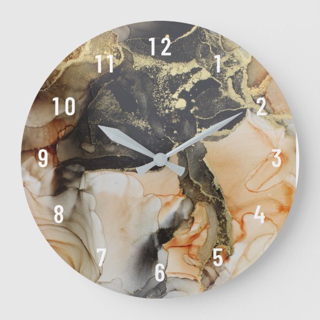 Abstrakt Apricot Black Guld Art Large Clock Stor Klocka (Framsida)