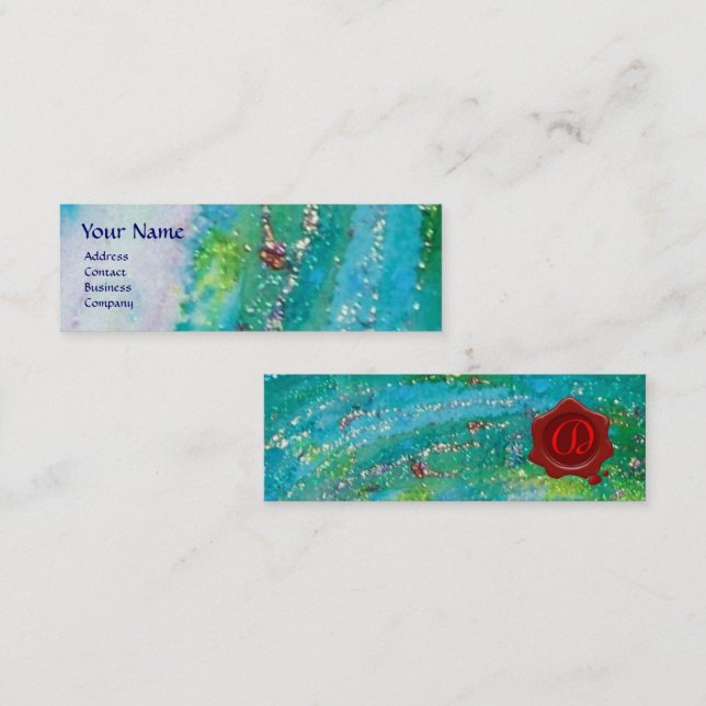 ABSTRAKT AQUA BLUE TEAL GULD SPARKLES,RED VAX SEAL MINI VISITKORT (Fram/baksida)