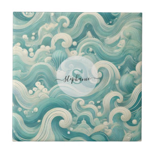 Abstrakt Aqua Blue & White Wave - Modern Fluid Art Kakelplatta