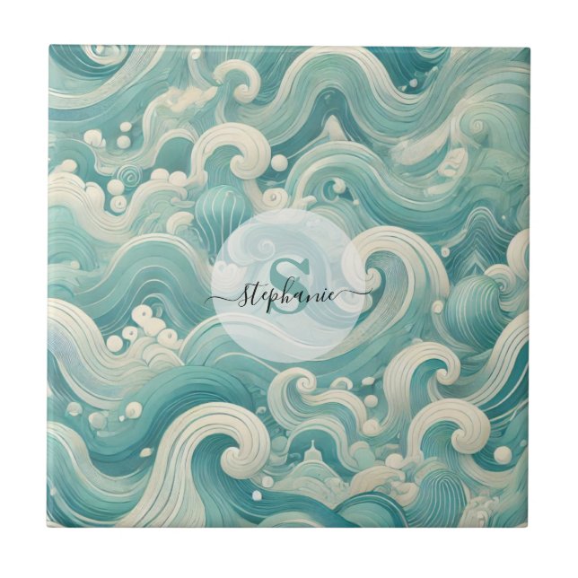Abstrakt Aqua Blue & White Wave - Modern Fluid Art Kakelplatta (Framsidan)