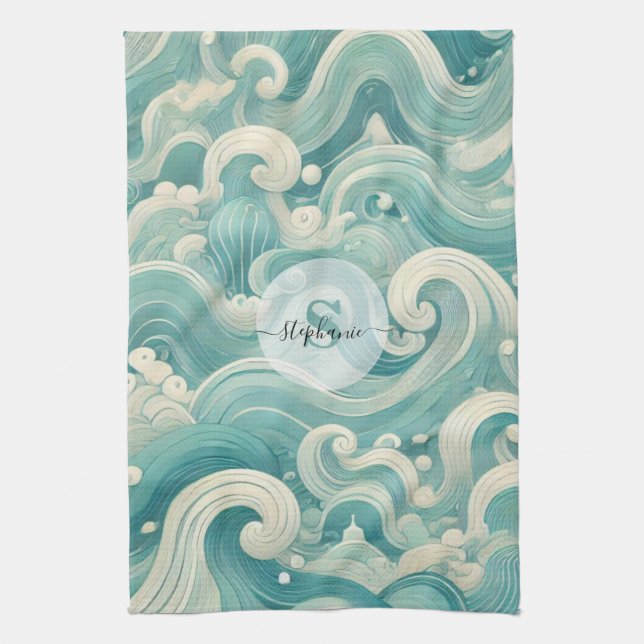 Abstrakt Aqua Blue & White Wave - Modern Fluid Art Kökshandduk (Vertikal)
