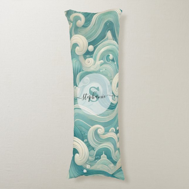 Abstrakt Aqua Blue & White Wave - Modern Fluid Art Kroppskudde (Framsidan Vertikal)