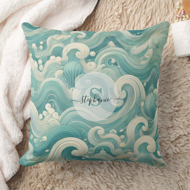Abstrakt Aqua Blue & White Wave - Modern Fluid Art Kudde (Filt)