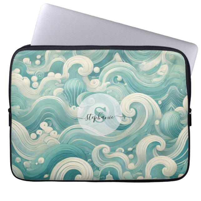 Abstrakt Aqua Blue & White Wave - Modern Fluid Art Laptop Fodral (Framsidan)