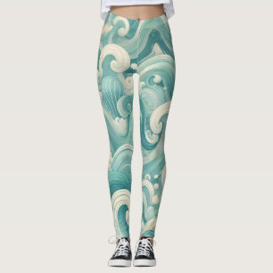 Abstrakt Aqua Blue & White Wave - Modern Fluid Art Leggings
