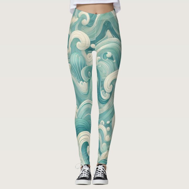 Abstrakt Aqua Blue & White Wave - Modern Fluid Art Leggings (Framsida)