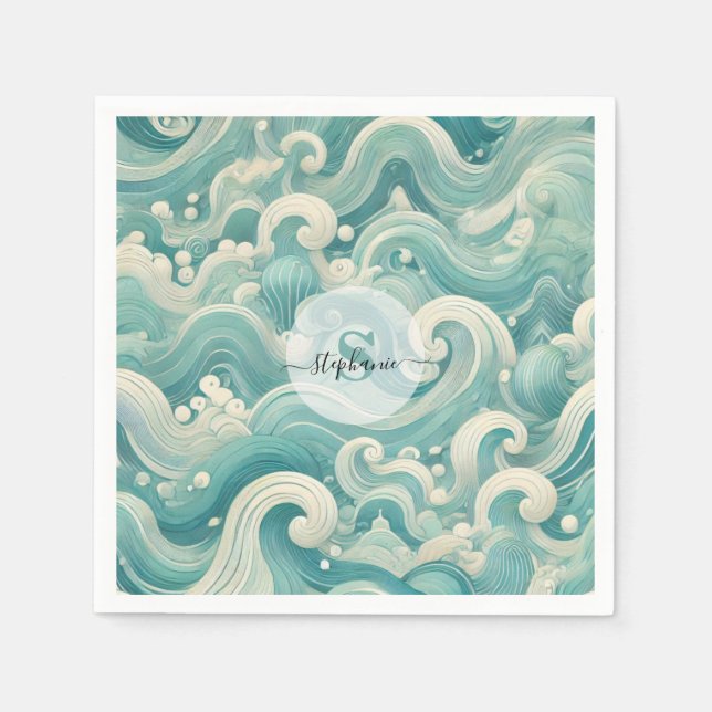 Abstrakt Aqua Blue & White Wave - Modern Fluid Art Pappersservett (Framsidan)