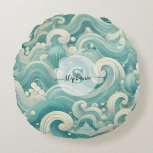 Abstrakt Aqua Blue & White Wave - Modern Fluid Art Rund Kudde