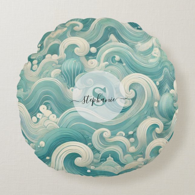 Abstrakt Aqua Blue & White Wave - Modern Fluid Art Rund Kudde (Framsidan)