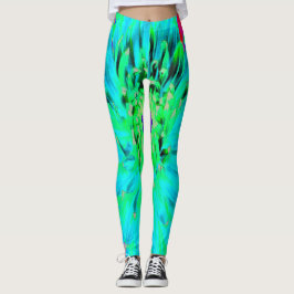 Abstrakt Aqua Decorative Dahlia Flower Leggings