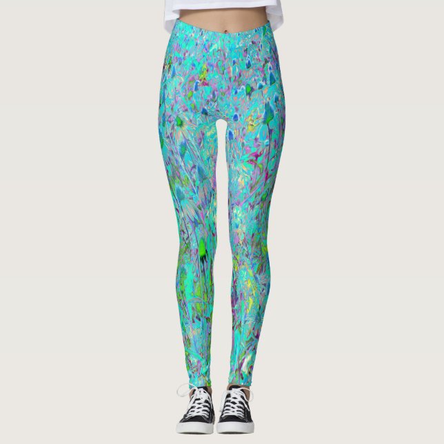 Abstrakt Aqua Grönt and Lila Coneflower Garden Leggings (Framsida)