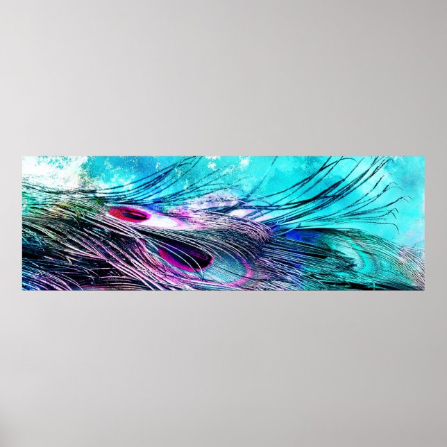 Abstrakt Aqua och Magenta Closeup Peacock Feathers Poster (Framsidan)